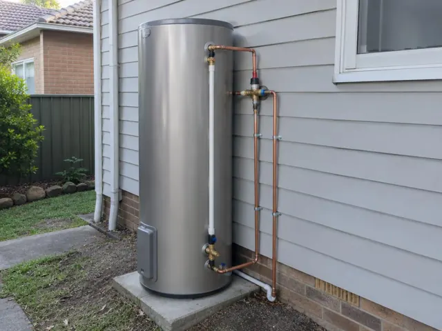 Outdoor hot water cylinder beside weatherboard wall with copper pipework in Eastlakes